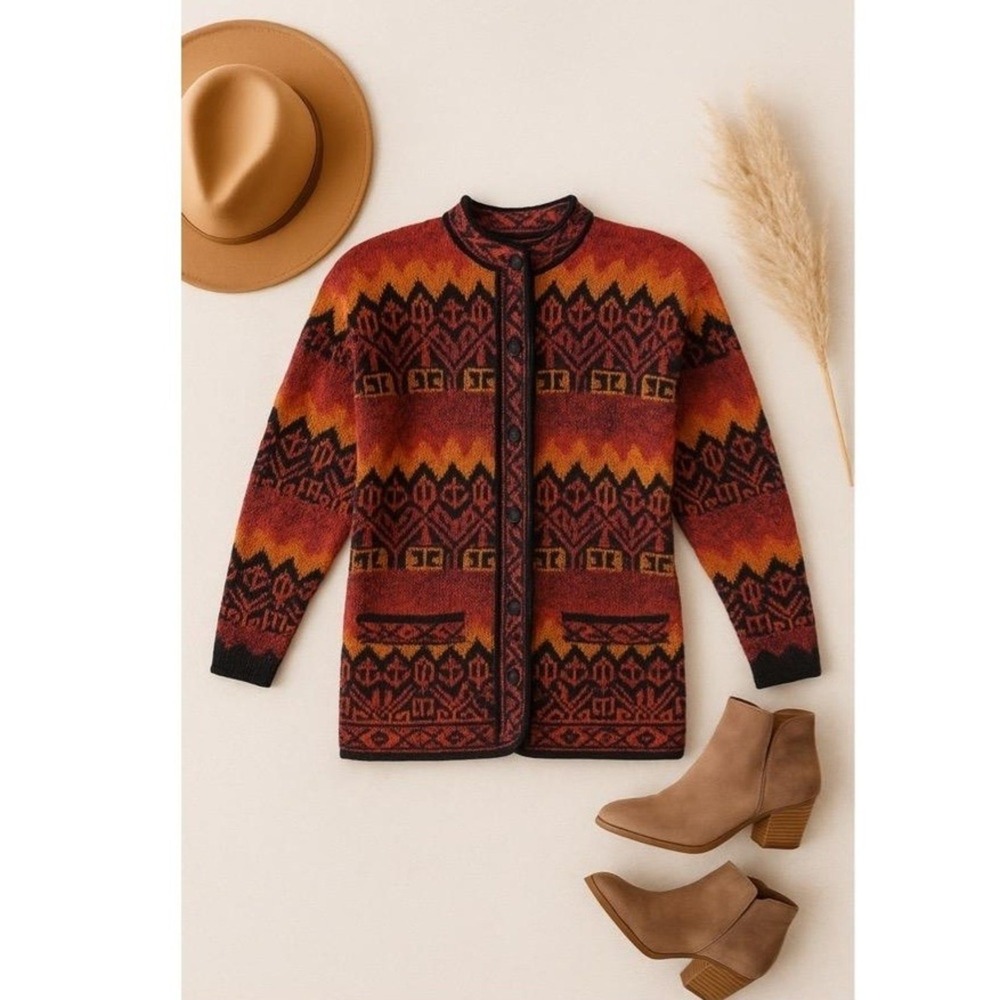 Alpasur Baby Alpaca Cardigan Sweater Handcrafted in Peru, Red & Black Geometric